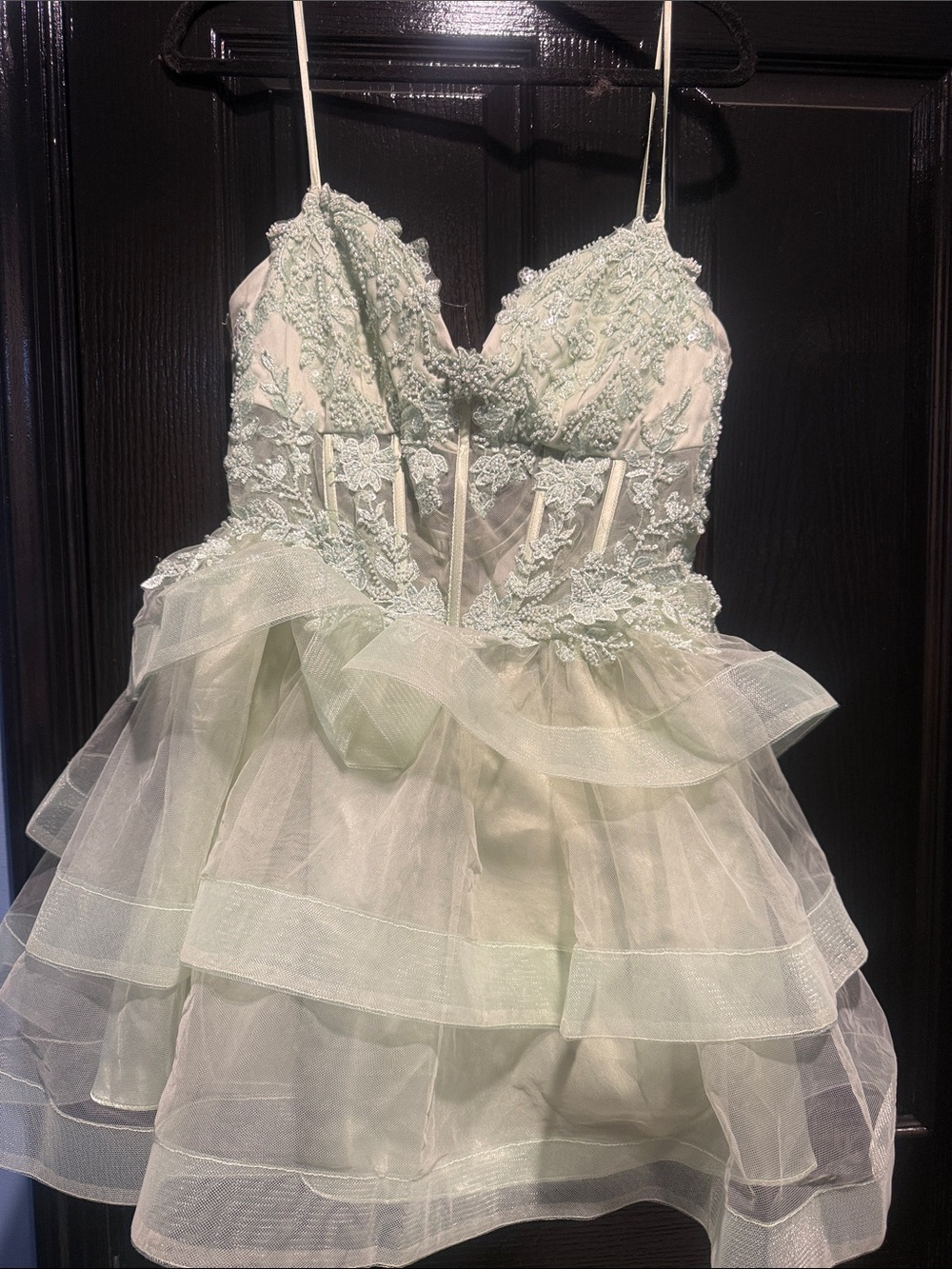 Windsor Lace Appliqué Layered Organza Mini Dress - Mint